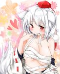  animal_ears bare_shoulders blush breasts cleavage clown_222 detached_sleeves fang hat heart inubashiri_momiji large_breasts mouth_hold off_shoulder red_eyes sarashi short_hair silver_hair smile solo tail tokin_hat touhou undone_sarashi undressing upper_body wide_sleeves wolf_ears wolf_tail 
