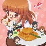  &gt;_&lt; akiyama_yukari bangs black_hair blouse blunt_bangs blush_stickers brown_hair chibi chopsticks closed_eyes food girls_und_panzer glasses hairband highres isuzu_hana long_hair long_sleeves looking_at_viewer minigirl miniskirt multiple_girls neckerchief nishizumi_miho ooarai_school_uniform open_mouth orange_eyes orange_hair pleated_skirt ponareon_ponaparte red-framed_eyewear reizei_mako school_uniform semi-rimless_eyewear serafuku short_hair skirt smile standing takebe_saori under-rim_eyewear white_blouse 