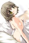  :o bed_sheet blush brown_eyes brown_hair flat_chest hair_ornament head_tilt hidamari_sketch highres kohakugin nude solo x_hair_ornament yuno 