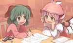  :d animal_ears bad_id bad_pixiv_id cassette_tape chair eraser green_eyes green_hair hat head_rest kasodani_kyouko long_sleeves monosenbei multiple_girls mystia_lorelei open_mouth paper pencil pink_hair short_hair sitting smile touhou wings yellow_eyes 