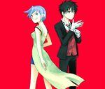  1boy 1girl ares_(senyuu) bare_shoulders black_hair blue_hair breasts character_request coat gloves necktie pants red_background sen'yuu. senyuu. vest 