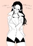  black_hair breasts buttons center_opening chikichiki chikichiki_(robitema) cleavage collarbone collared_shirt cowboy_shot curvy dress_shirt female hair_slicked_back head_tilt japanese large_breasts light_smile long_hair long_sleeves looking_at_viewer monochrome nico_robin no_bra oekaki one_piece partially_colored pink_background shirt short_shorts shorts simple_background smile solo thighs translation_request wide_hips 
