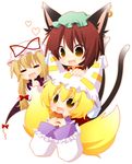  aburaage animal_ears bad_id bad_pixiv_id blonde_hair brown_hair cat_ears cat_tail chen chibi earrings food fox_tail gap hat heart jewelry kiri_futoshi long_hair long_sleeves multiple_girls petting pillow_hat ribbon short_hair tail tassel touhou white_background wide_sleeves yakumo_ran yakumo_yukari 