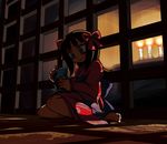  amami_haruka animal_abuse backlighting barefoot blood bow brown_hair candle dark dark_haruka green_eyes idolmaster idolmaster_(classic) idolmaster_1 japanese_clothes kimono light long_hair rat riyo_(lyomsnpmp) shade sitting smile solo torture twintails 