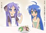  abubu ahoge clannad company_connection dango_daikazoku eating hiiragi_kagami hiiragi_tsukasa izumi_konata kyoto_animation lucky_star mole mole_under_eye multiple_girls purple_hair ribbon translated 