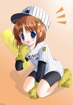  :d ahoge animal_print baseball_bat baseball_cap baseball_uniform bike_shorts blue_eyes brown_hair clothes_writing fang gloves hair_ornament hanshin_tigers hat hirok jersey kneeling nippon_professional_baseball non-web_source open_mouth paws short_hair smile solo sportswear suigetsu tabi tiger_paws tiger_print waha yamato_suzuran 