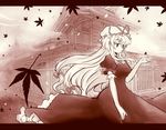  architecture bow dress east_asian_architecture elbow_gloves expressionless gloves hair_bow hat leaf letterboxed long_hair maple_leaf mizumoto_tadashi monochrome solo touhou yakumo_yukari 