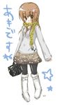  artist_request bag boots brown_eyes brown_hair handbag long_hair original pantyhose scarf skirt solo sweater 