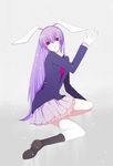  animal_ears banned_artist black_legwear bunny_ears full_body grey_background harano kneehighs loafers long_sleeves looking_at_viewer purple_hair red_eyes reisen_udongein_inaba shoes simple_background solo touhou 