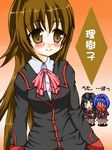  bad_id bad_pixiv_id bajiru black_hair blue_hair blush bow brown_eyes brown_hair genderswap genderswap_(mtf) kurugaya_yuiko little_busters! long_hair multiple_girls naoe_riki nishizono_mio pink_bow plaid plaid_skirt school_uniform short_hair skirt 