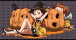  grey_background halloween hat high_heels idolmaster idolmaster_(classic) idolmaster_1 jack-o'-lantern live_for_venus minase_iori multiple_girls nonowa pumpkin shoes takatsuki_yayoi ttomm twintails werewolf witch_hat 