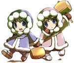  1girl artist_request blue_eyes brown_hair gloves hammer hood ice_climber ice_climbers left-handed lowres nana_(ice_climber) popo_(ice_climber) siblings twins 