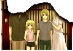  2girls 3u blonde_hair family higurashi_no_naku_koro_ni houjou_satoko houjou_satoshi multiple_boys multiple_girls non-web_source photo_(object) red_eyes short_hair shorts 