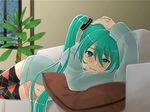  green_eyes green_hair hatsune_miku long_hair lying navel ozone shorts solo tears thighhighs twintails vocaloid 