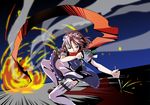  brown_hair clenched_hand explosion fire flame izayoi_sakuya looking_at_viewer ninja parody red_scarf scarf shokkin silhouette solo spiked_hair strider_(video_game) strider_hiryuu touhou uniform 