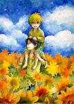 cloud copyright_request day field flower multiple_boys nagomi_(nekozyarashide) scenery sky smile sunflower 
