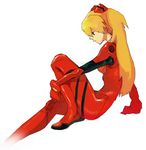  arm_support bangs black_eyes bodysuit bracer breasts expressionless from_side gloves hair_between_eyes hair_ornament knee_up long_hair looking_down lowres neon_genesis_evangelion orange_hair pilot_suit plugsuit profile simple_background sitting small_breasts solo souryuu_asuka_langley white_background 