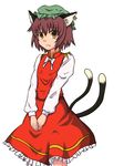  animal_ears bow bowtie brown_hair cat_ears cat_tail chen dress hat hiromasa multiple_tails orange_eyes ribbon short_hair simple_background solo tail tears touhou v_arms 