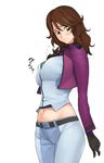  a1 belt blush breasts brown_hair celestial_being_uniform gloves grey_eyes gundam gundam_00 large_breasts midriff navel solo sumeragi_lee_noriega 