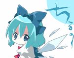  ana_(rznuscrf) blue_eyes blue_hair bow cirno face hair_bow short_hair simple_background smile solo touhou translated wings 