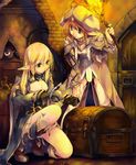  blonde_hair boots elf fantasy hat key kirishima_satoshi knee_boots kneeling long_hair multiple_girls original pointy_ears torch treasure_chest 