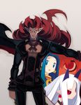  3girls blue_hair earrings expressionless face facial_mark floating_hair harada_takehito horns jewelry long_hair looking_at_viewer multiple_girls no_pupils outstretched_arm phantom_kingdom pointy_ears pram red_hair red_sclera salome_(phantom_kingdom) slit_pupils smile standing trenia_(phantom_kingdom) very_long_hair white_eyes white_hair zetta_(phantom_kingdom) 