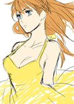  bare_shoulders blue_eyes breasts cleavage dress long_hair lowres medium_breasts neon_genesis_evangelion non-web_source red_hair solo souryuu_asuka_langley yellow_dress 