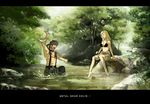  1girl big_boss bikini_top blonde_hair brown_hair eva_(mgs) fish headband hinoe_(dd_works) metal_gear_(series) metal_gear_solid metal_gear_solid_3 naked_snake nature push-to-talk_device river smile stabo_harness 