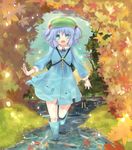  :d autumn backpack bad_id bad_pixiv_id bag blue_eyes blue_hair boots cattail dress green_eyes hat kawashiro_nitori key kippu multicolored multicolored_eyes nature open_mouth plant rubber_boots short_hair smile solo stream touhou twintails two_side_up wading water 