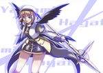  akiyasu beret black_wings brown_hair hair_ornament hat long_sleeves looking_at_viewer lyrical_nanoha mahou_shoujo_lyrical_nanoha_strikers schwertkreuz short_hair simple_background solo staff uniform white_background wings x_hair_ornament yagami_hayate 