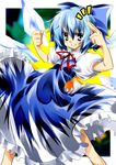  blue_eyes blue_hair blush bow cirno clenched_hand dress fingernails flat_chest frills grin hair_bow long_fingernails matsuno_canel pointing ribbon short_hair smile solo standing touhou wings 