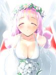 angel_wings blush bouquet breasts bride cleavage closed_eyes covered_nipples dragon_quest dragon_quest_iv dress flower hima incoming_kiss large_breasts long_hair lucia_(dq) pink_hair solo wedding_dress wings 