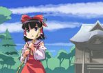  animated animated_gif black_hair broom cleaning detached_sleeves hair_tubes hakurei_reimu ribbon shokkin short_hair shrine solo sweeping touhou tree 