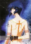  absurdres artist_request back back_tattoo between_fingers black_keys blue_eyes blue_hair ciel cross highres knife nude scan short_hair solo tattoo triple_wielding tsukihime 