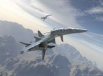  3d aircraft airplane cloud dutch_angle ffr-31mr/d_super_sylph fighter_jet flying jet military military_vehicle missile mountain no_humans outdoors roman_adam sentou_yousei_yukikaze sky 
