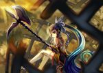  aqua_hair back blue_hair blurry brown_hair depth_of_field detached_sleeves gradient_hair green_eyes hair_ornament halberd long_hair looking_back markings multicolored_hair original polearm ponytail sitting solo st.microscope thighhighs very_long_hair warrior weapon 