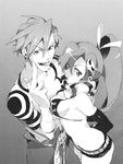  1girl bandages belt bikini_top bodypaint breast_press breasts couple gloves greyscale hair_ornament hetero kamina kazuko long_hair medium_breasts middle_finger monochrome ponytail scarf shirtless shorts tengen_toppa_gurren_lagann tongue topless yoko_littner 