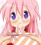  birthday blush gift giving glasses holding holding_gift lucky_star minami_(colorful_palette) out_of_frame pink_hair pov pov_hands solo_focus takara_miyuki 