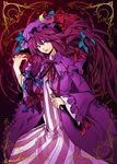  book capelet crescent hat hitoto long_hair multicolored multicolored_ribbon patchouli_knowledge purple_hair red_hair ribbon ribbon-trimmed_capelet ribbon-trimmed_sleeves ribbon_trim robe solo striped touhou 