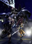  alien armor brown_eyes brown_hair cannon capcom fighting_stance fishnets glowing glowing_eyes gun katana mask plasma_caster polearm predator red_eyes smart_disc space_craft spaceship spear sword tail weapon xenomorph 