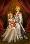  2girls baby blonde_hair cape child cornet_espoir crown dress earrings family ferdinand_marl_e jewelry jpeg_artifacts king kururu_(little_princess) little_princess marl_kingdom multiple_girls queen rhapsody ryoji_(nomura_ryouji) shoes short_hair smile sword throne throne_room weapon 