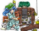  bolt bucket generator hair_bobbles hair_ornament kawashiro_nitori kettle kisume multiple_girls pulley tools touhou two_side_up welding welding_mask wrench 