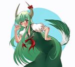 \m/ blush ex-keine green_hair horns kamishirasawa_keine long_hair ooike_teru red_eyes ribbon solo tail touhou 