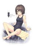  arm_support barefoot black_school_swimsuit brown_eyes brown_hair feet k+ one-piece_swimsuit original school_swimsuit short_hair sitting solo swimsuit 