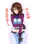  bad_id bad_pixiv_id belt blush breasts brown_eyes brown_hair celestial_being_uniform gloves gundam gundam_00 jacket large_breasts midriff navel pants solo sumeragi_lee_noriega ui_(yk) 