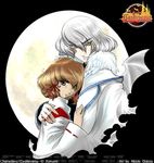  1girl castlevania castlevania:_aria_of_sorrow hakuba_mina hug jacket japanese_clothes moon nicole_dubois orange_hair pointy_ears soma_cruz watermark white_hair wings yellow_eyes 