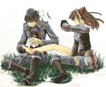  1girl alicia_melchiott barefoot brown_hair grass injury kiri_nada military military_uniform senjou_no_valkyria senjou_no_valkyria_1 shoes single_shoe sprain thighhighs twintails uniform welkin_gunther 