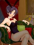  animal_ears bunny_ears bunnysuit couch crossed_legs fishnet_pantyhose fishnets original pantyhose purple_eyes purple_hair ruruko_(artist) sitting solo 