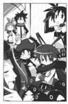  3girls artist_request ash_(phantom_brave) bangs bare_shoulders belt blunt_bangs closed_eyes collarbone disgaea etna greyscale holding laharl long_sleeves looking_at_viewer marona_(phantom_brave) mid-boss_(disgaea) midriff monochrome multiple_boys multiple_girls nippon_ichi phantom_brave prinny revealing_clothes scarf shas_(disgaea) sitting standing uniform 