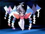  black_hair copyright_request flying hakama japanese_clothes kimono long_hair long_sleeves looking_at_viewer low-tied_long_hair miko outstretched_arms shokkin solo spread_arms very_long_hair white_hakama 